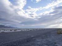 a landscape shows sparse grass and dirt on a flat desert surface under clouds, with hills, mountains, a small rock beach and trees in the distance