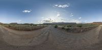 three 360 - cameras, showing a dirt road passing by on one side and mountains beyond