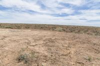 a very large empty dry field by a blue sky and clouds above it and some vegetation