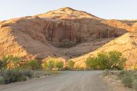 a mountain with a dirt road between two sides and trees on both side of the road