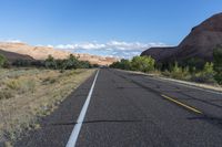 a wide empty road between dry bushes and rocks in the desert with white markings on the road