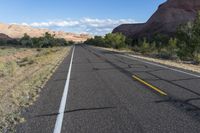 a wide empty road between dry bushes and rocks in the desert with white markings on the road