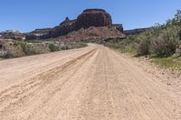 the desert road is empty and has many plants and vegetation growing on it, along with mountains in the background