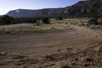 the view of mountains across a dirt road in the wilderness by a pickup truck,