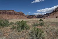 the landscape is filled with tall brown cliffs, trees and shrubbery under a blue sky