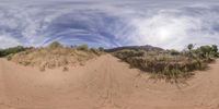 this is a large fish eye shot of a dirt road with sand and grass on each side