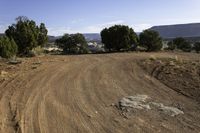 a large dirt road with trees on the side of it and mountains in the distance