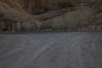 a person is skateboarding across the desert road towards a mountaintop with a small tree