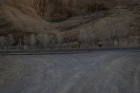 a person is skateboarding across the desert road towards a mountaintop with a small tree