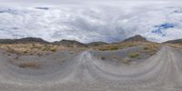 two photos show dirt road and sky in the background and cloudy sky in the background