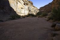 a dirt and dirt road next to a large canyon filled with rock formations and scrub