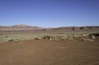 an open desert with mountains in the distance and a small patch of grass in the foreground