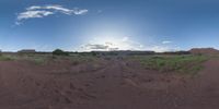 a fisheye lens captures a desert setting and street scene from the outside looking out