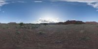 a fisheye lens captures a desert setting and street scene from the outside looking out