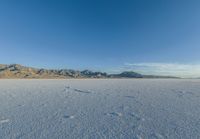 tracks in the sand leading into nowhere with mountains in the background with blue sky in a photograph