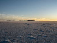 a dog is standing in a snowy area, near the sun setting over a rock