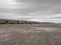 a train traveling down tracks in a rural countryside under a cloudy sky and a few people