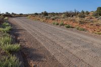 a truck is parked next to the side of a dirt road with weeds and rocks in front