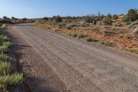 a truck is parked next to the side of a dirt road with weeds and rocks in front