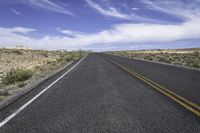 the road on a sunny day stretches out towards the horizon and into a vast desert landscape