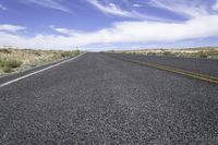 the road on a sunny day stretches out towards the horizon and into a vast desert landscape