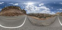 this is a 360 view of a road at different angles in the camera angle and of the one is the sky