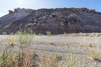 a mountain that is covered in dirt and dirt plants and a bunch of rocks are shown with some green bushes in the background