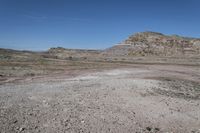 a vast rocky plain with some vegetation in the foreground and blue sky above it