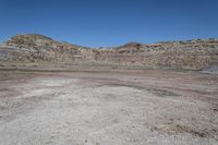 a vast rocky plain with some vegetation in the foreground and blue sky above it