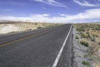 the empty road is lined with gravel and plants while the sky looks blue in the background