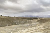 a cloudy day shows rocks and sheep grazing on the plain under an overcast sky