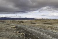 an empty road surrounded by barren mountains and bushes under a cloudy sky, as if in nature