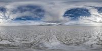 a wide panoramic view of an open field with snowy mountains in the distance