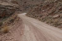 a dirt road going through a canyon by a mountain with no leaves on it, in a desert area