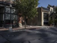 the city street has several buildings and a sign saying don't walk out of the window