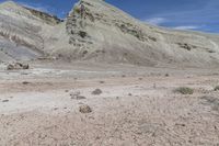 a dirt field with a dirt mountain in the distance and some rocks, bushes, and sparse grass