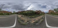 a view of the landscape from two different angles with a 360 - camera lens of some rocks, bushes and mountains