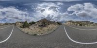 a 3d image of an empty road with clouds in the background on this photograph there are three lanes to go