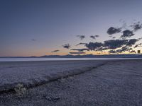 an empty beach with a few clouds and mountains in the background at sunset time with one plant growing from a crack in the sand