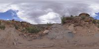 a panoramic view of a wide desert area with rocks, plants and dirt