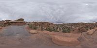 a panoramic view of a wide desert area with rocks, plants and dirt