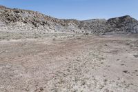 large area covered in scruby land with tall mountain behind it and dirt area with no grass