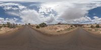 dirt roads in desert with clouds and blue sky overhead to depict climate change and weather