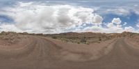 dirt roads in desert with clouds and blue sky overhead to depict climate change and weather