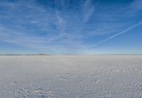 a picture of the landscape of the winter on the snow plain with a big hill in the distance