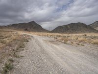 gravel road leading through barren mountains with telephone poles and power lines in the background and a grey cloudy sky