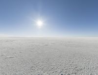 a person in skis looking out at the sky in an open plain area with some snow and some bushes