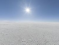 a person in skis looking out at the sky in an open plain area with some snow and some bushes