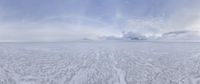 an open, white plain with the sky and mountain in the background and snowflakes on the ground