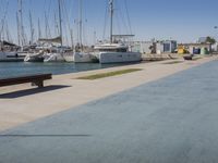 the pier is lined with boats and palm trees along with blue skies and no clouds in sight